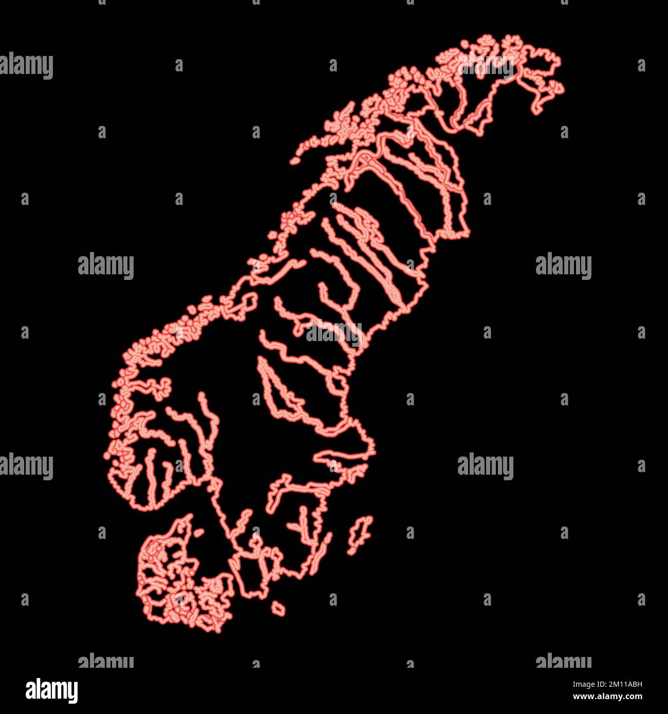 Mappa al neon della Scandinavia immagine vettoriale a colori rosso luce piatta Illustrazione Vettoriale