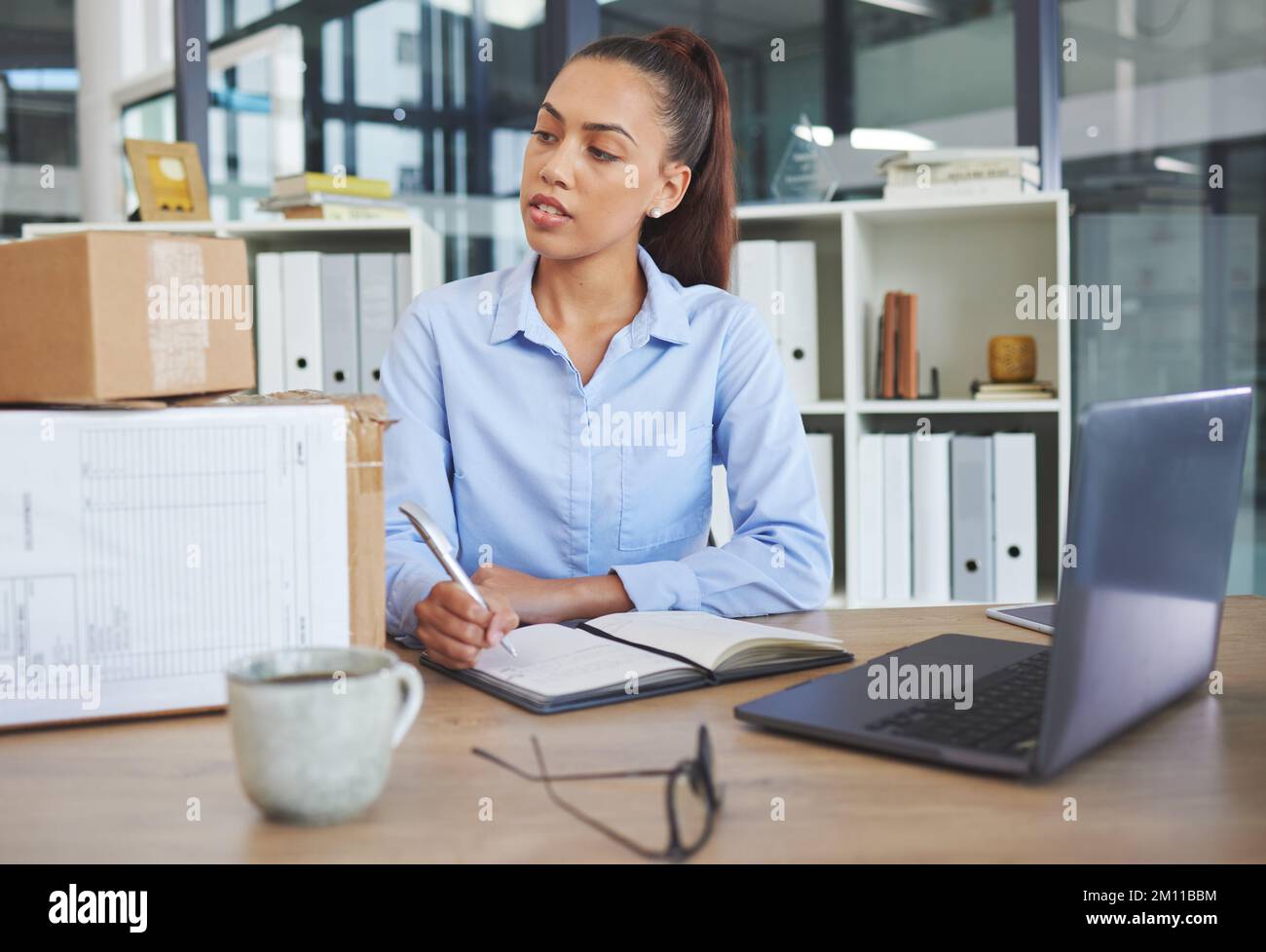 Piccola impresa, donna e inventario di controllo, scrittura e checklist con imprenditore e imprenditore, laptop e ispezione pacchetto. Lavoro, digitale Foto Stock