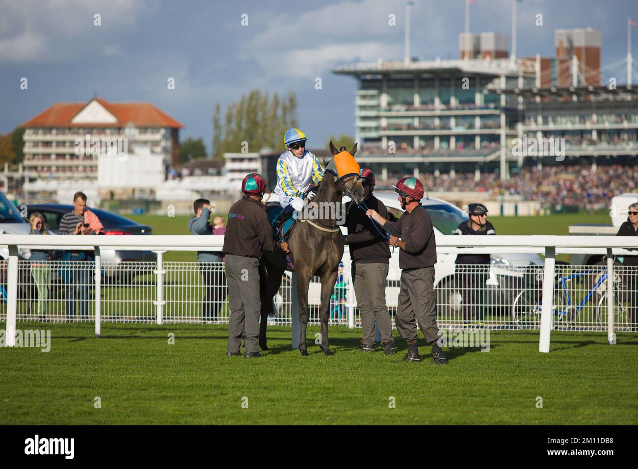 Il jockey Andrew Mullen attende prima di una gara mentre il personale dell'ippodromo cerca di calmare Big Bad Wolf. Foto Stock