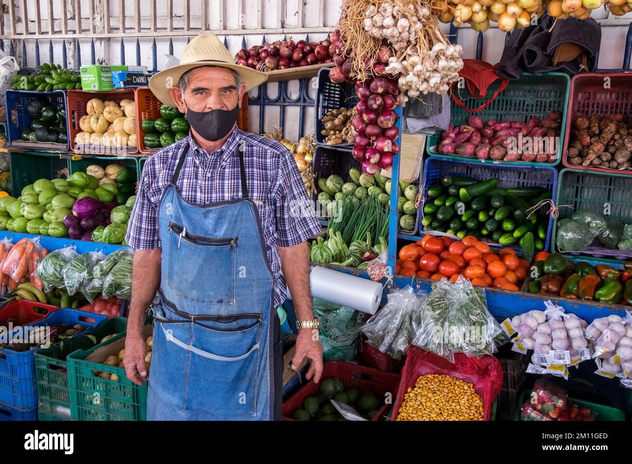 Venditore di una stalla che vende frutta e verdura nel mercato centrale della città di Cartago in Costa Rica Foto Stock