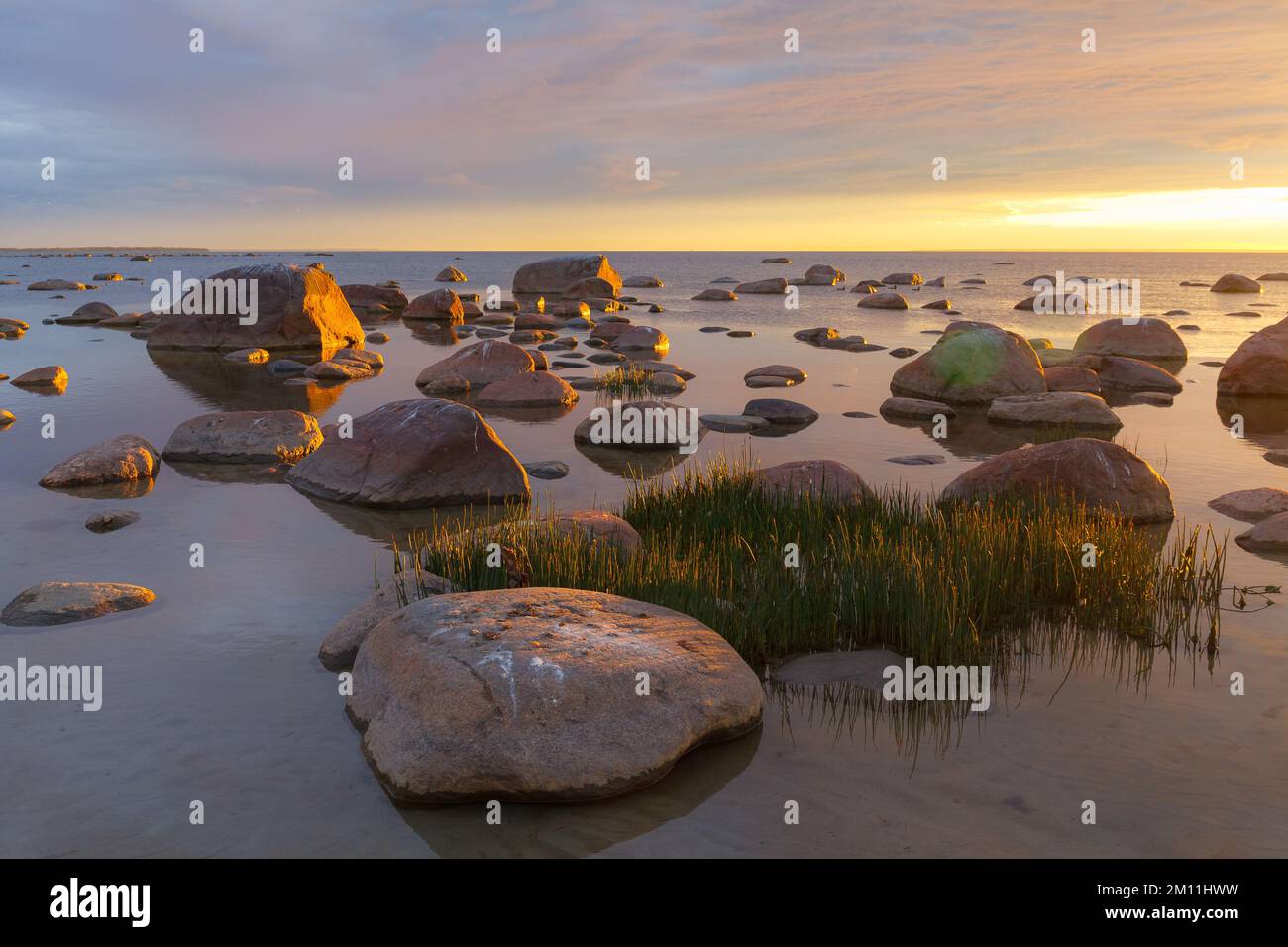 Riva rocciosa con pietre che affondano nell'acqua di mare. Tramonto, luce arancione, Estonia. Foto Stock