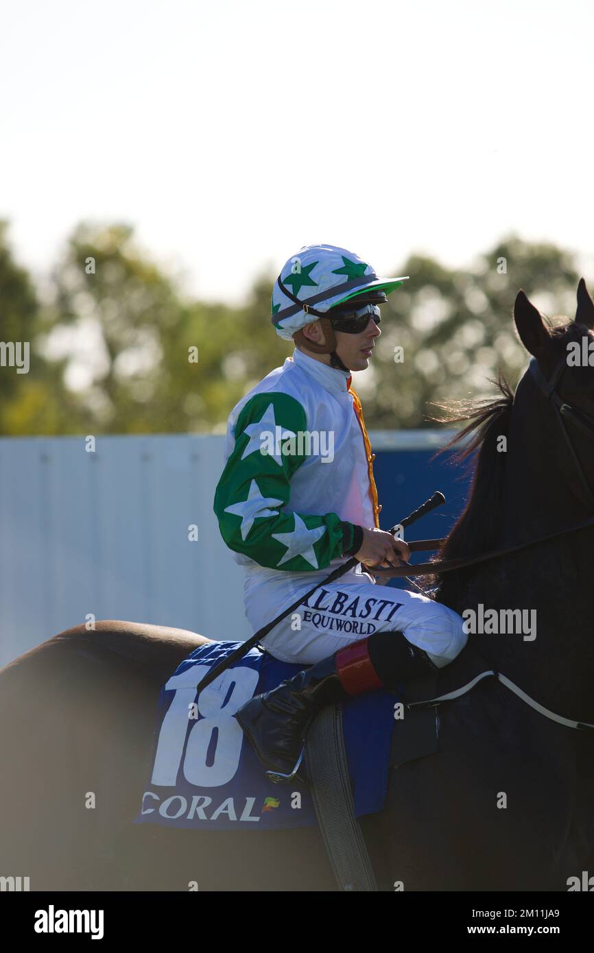 Jockey Ronan Whelan su Raugh A Minute in attesa di essere condotto nei cancelli di partenza alle corse di York. Foto Stock