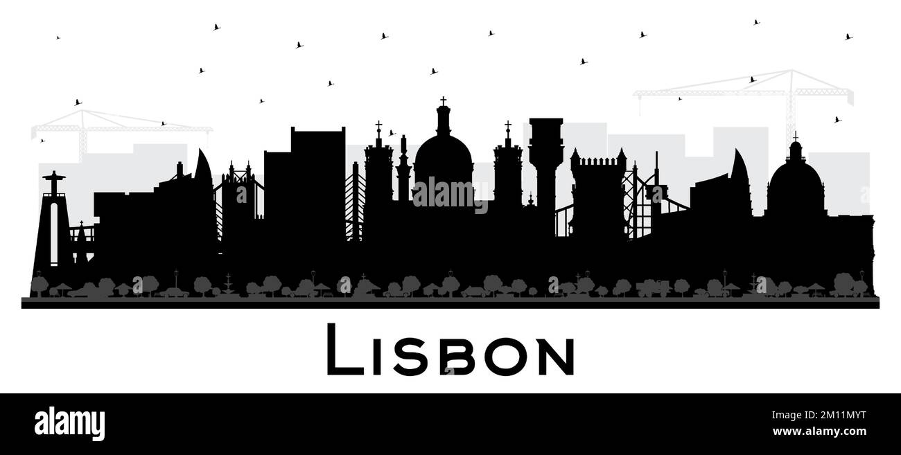 Lisbona Portugal Skyline Silhouette con edifici neri isolati su bianco. Illustrazione vettoriale. Il paesaggio urbano di Lisbona con i suoi punti di riferimento. Viaggi d'affari Illustrazione Vettoriale