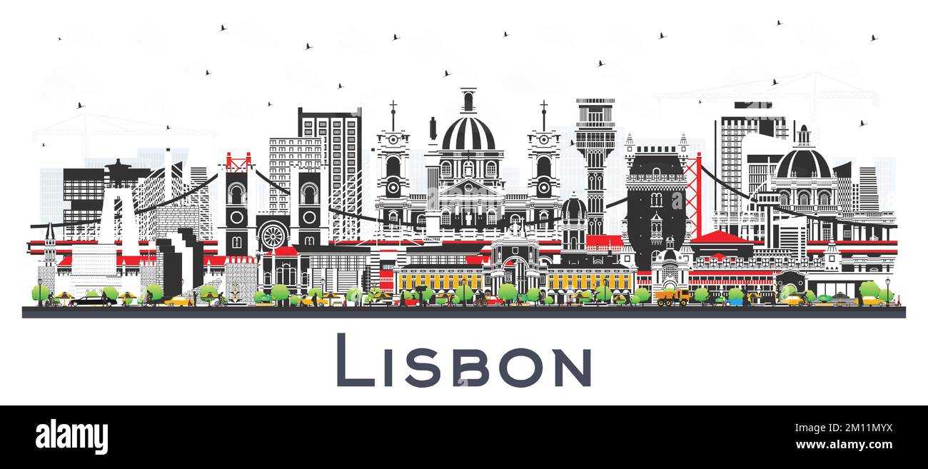 Lisbona Portugal skyline della città con edifici a colori isolati su bianco. Illustrazione vettoriale. Il paesaggio urbano di Lisbona con i suoi punti di riferimento. Viaggi d'affari e turismo Illustrazione Vettoriale