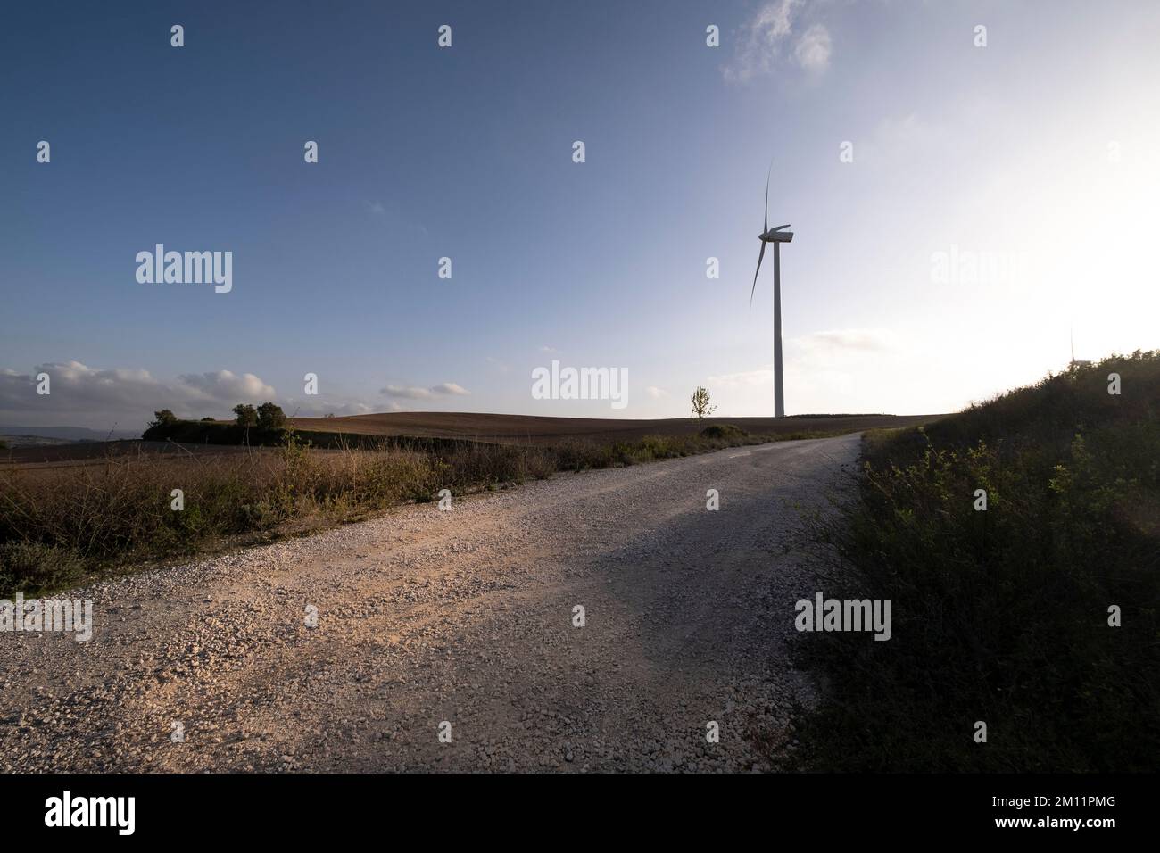 Strada in campi agricoli con turbine eoliche che generano elettricità pulita in Catalogna Spagna Foto Stock