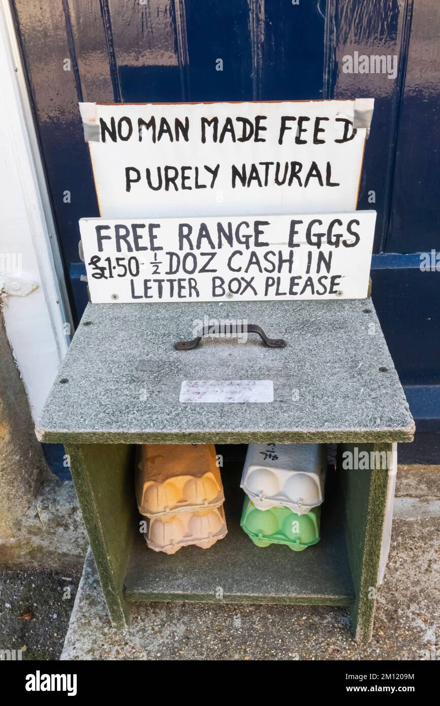 Inghilterra, Dorset, Abbotsbury, Honesty Box Free Range uova in vendita e porta Foto Stock