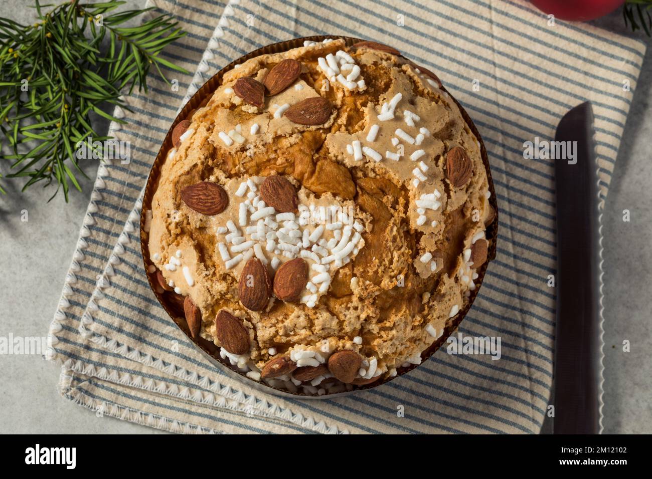 Panettone italiano fatto in casa con zucchero e frutta secca Foto Stock