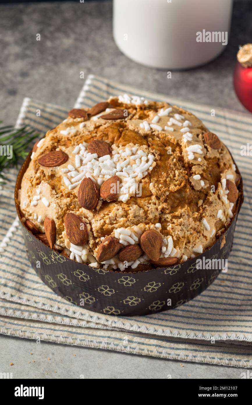 Panettone italiano fatto in casa con zucchero e frutta secca Foto Stock