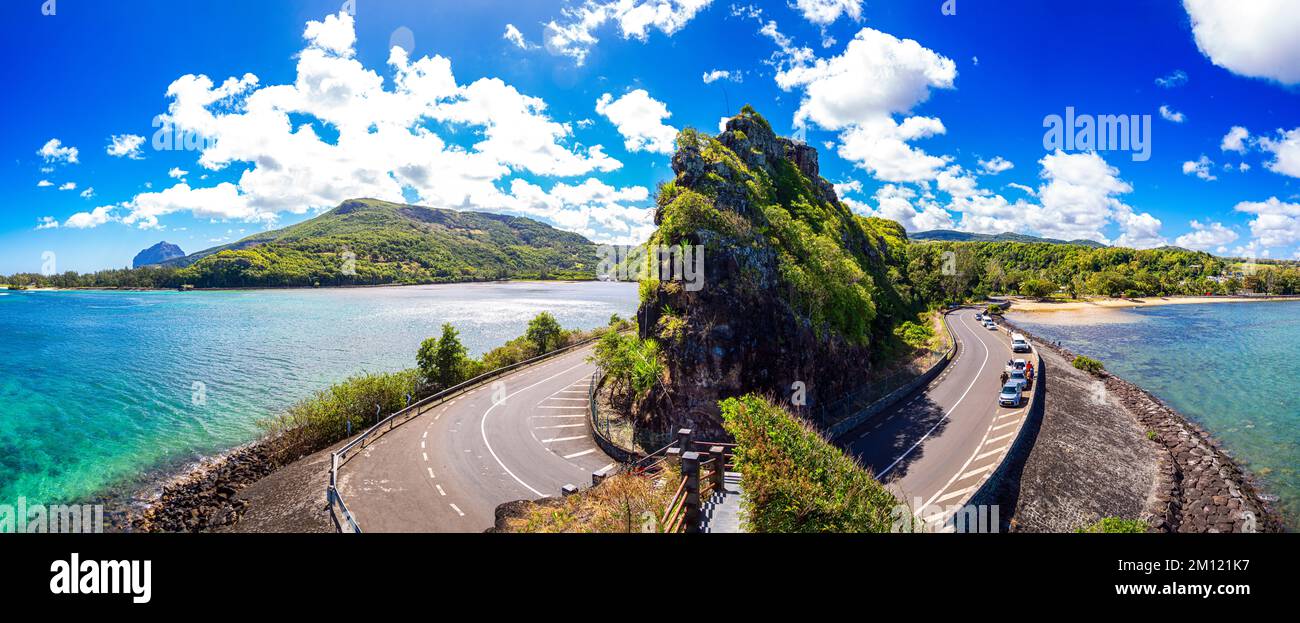Punto di vista Maconde. Famosa curva stradale nel sud dell'isola di Mauritius, Africa Foto Stock