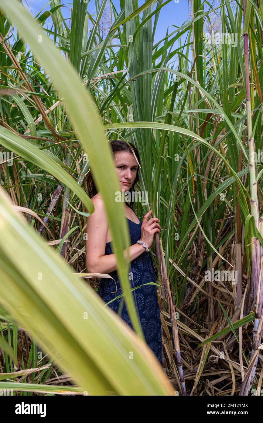 Giovane donna in posa di fronte alle piante di canna da zucchero, isola Mauritius, Africa Foto Stock
