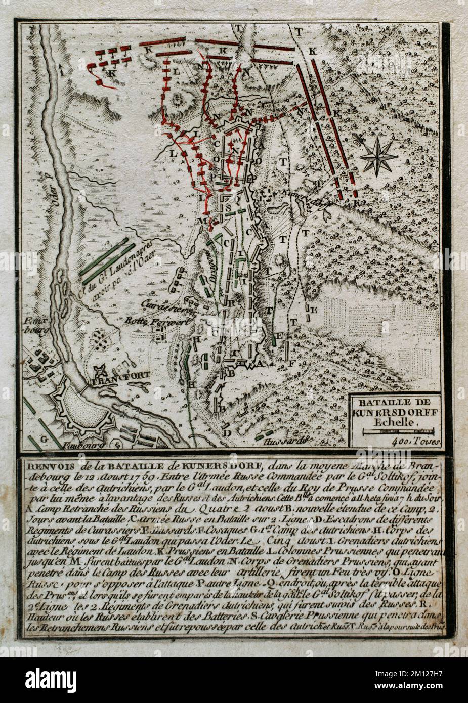 Guerra dei sette anni (1756-1763). Battaglia di Kunersdorf (12th agosto 1759) (attualmente Kunowice). Si è giocato a Neumark, vicino alla città di Kunersdorf (ora Kunowice). Un esercito prussiano, guidato da Federico il Grande, fu messo contro un esercito alleato di forze russe-austriache. Il generale Saltykov comandò il contingente russo e il generale Loudon guidò gli austriaci. I prussiani furono sconfitti. Pubblicato nel 1765 dal cartografo Jean de Beaurain (1696-1771) come illustrazione della sua Grande carta della Germania, con gli eventi che si sono verificati durante la Guerra dei sette anni. Incisione e incisione. Edizione francese, 1 Foto Stock