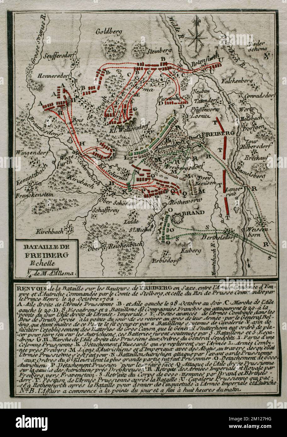 Guerra dei sette anni (1756-1763). Terza guerra silesiana. Mappa della Battaglia di Freiberg (29 ottobre 1762). L'esercito prussiano, guidato dal principe Enrico di Prussia, sconfisse un esercito austriaco sotto Federico Carlo di Stolberg-Gedern e Andras Hadik. Pubblicato nel 1765 dal cartografo Jean de Beaurain (1696-1771) come illustrazione della sua Grande carta della Germania, con gli eventi che si sono verificati durante la Guerra dei sette anni. Incisione e incisione. Edizione francese, 1765. Biblioteca storica militare di Barcellona (Biblioteca Histórico Militar de Barcelona). Catalogna. Spagna. Foto Stock