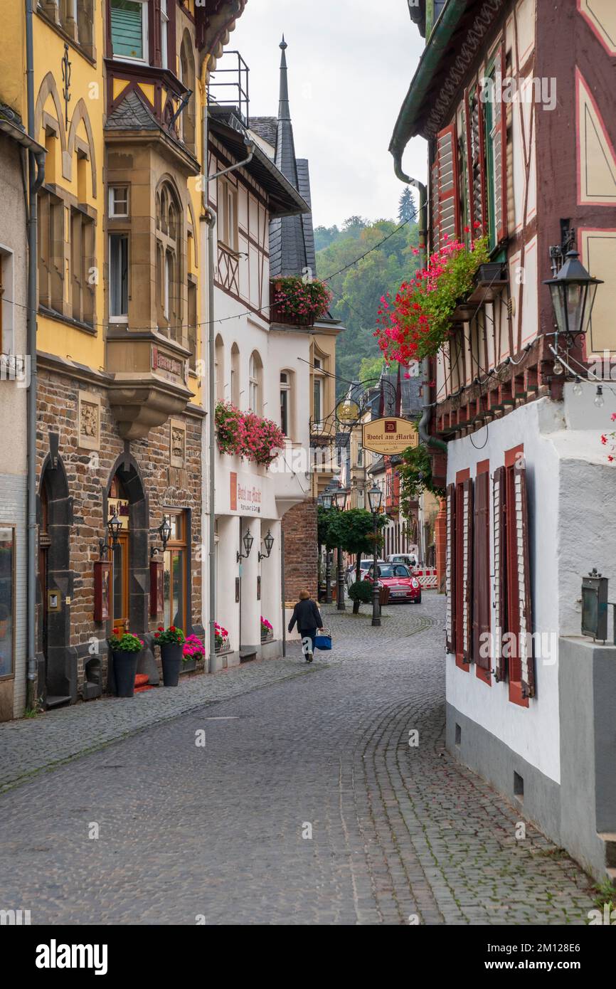 Paesaggio storico della città Bacharach, patrimonio dell'umanità, sul Reno, Renania-Palatinato, Germania Foto Stock