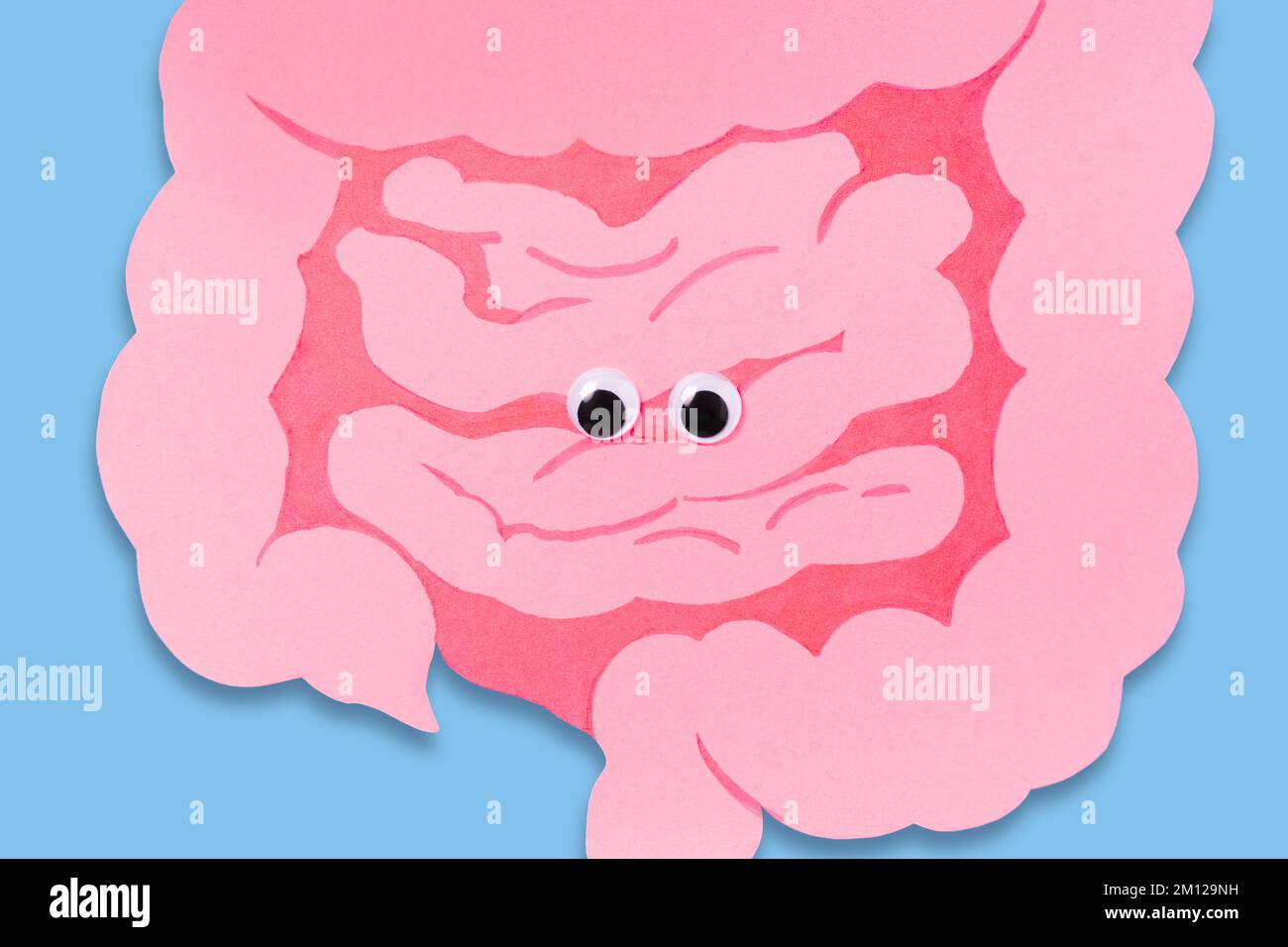 Intestino sano. Carino intestino cartone animato con gli occhi. Concetto di digestione intestinale sana, screening del cancro del colon, trattamento della malattia intestinale, biologia e. Foto Stock