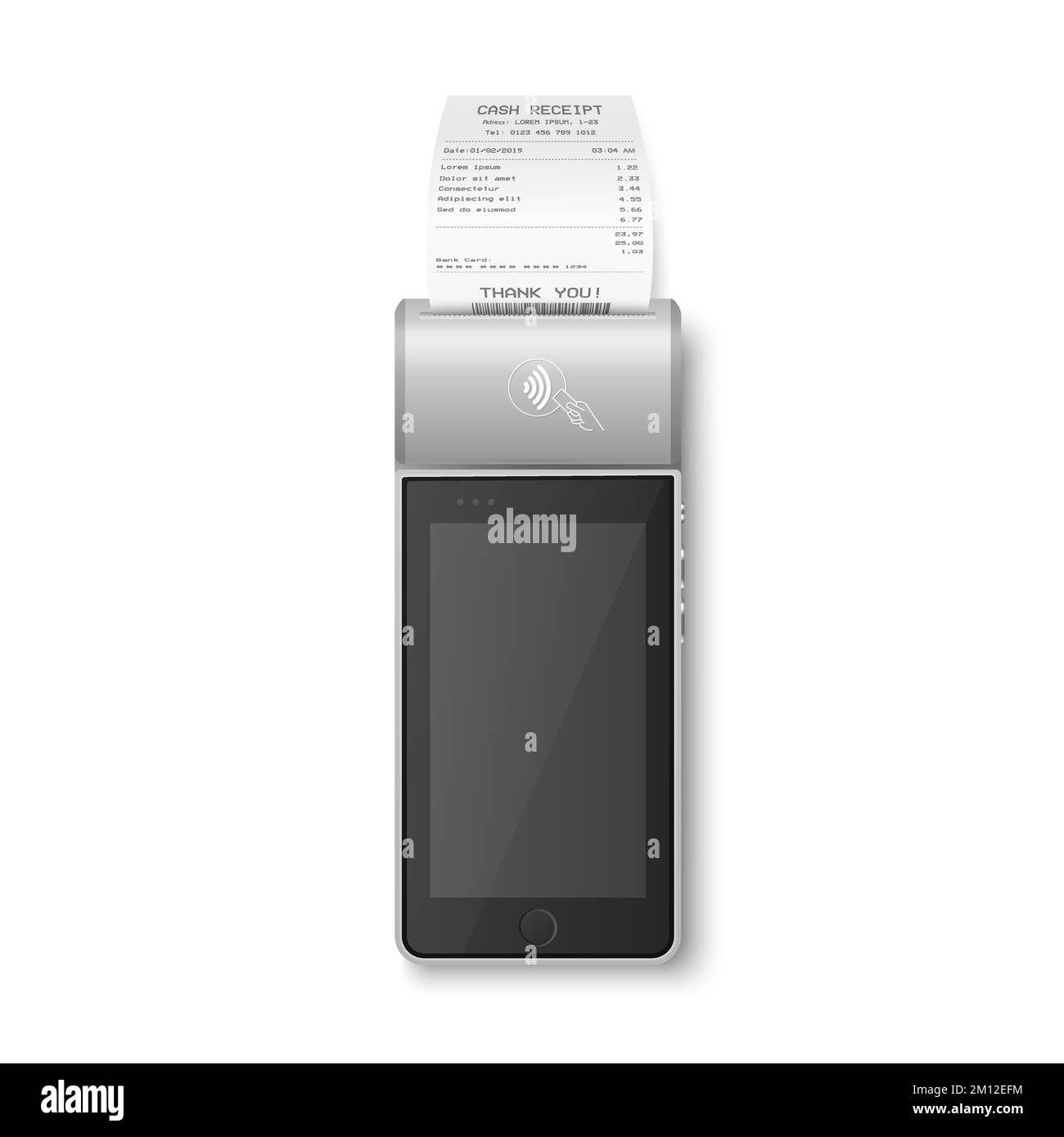 Macchina di pagamento NFC Vector 3D con stato approvato, controllo cartaceo, ricevuta isolata. Wi-fi, pagamento wireless. Terminale POS, modello di progettazione della macchina di Illustrazione Vettoriale