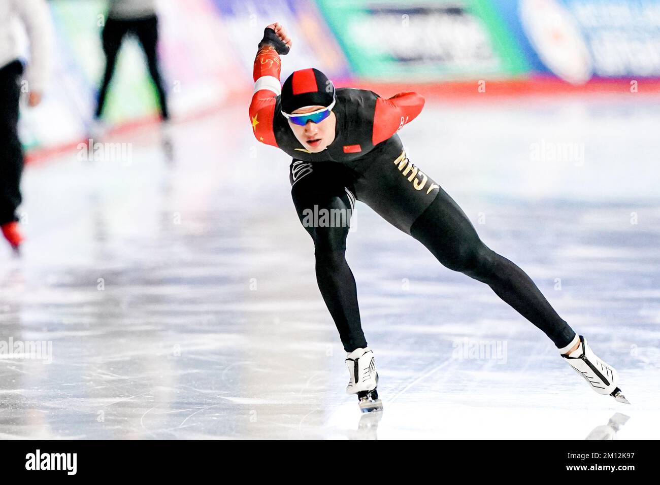 CALGARY, CANADA - 9 DICEMBRE: Haotian Wang of China in gara sul gruppo B maschile 1500m durante la Coppa del mondo di skating della velocità ISU 3 il 9 dicembre 2022 a Calgary, Canada (Foto di Andre Weening/Orange Pictures) Credit: Orange Pics BV/Alamy Live News Foto Stock