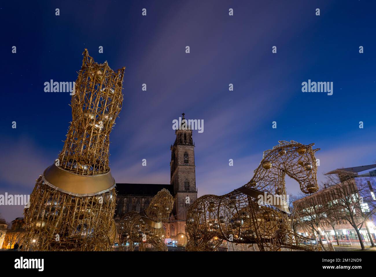Cavalli d'oro, Cattedrale di Magdeburgo, mondo natalizio delle luci, Magdeburgo, Sassonia-Anhalt, Germania Foto Stock