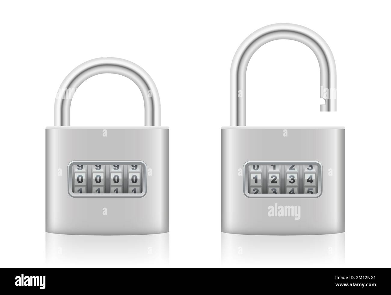 Serratura a combinazione con sequenza di numeri, lucchetto in ferro bloccato e sbloccato con quadrante girevole - dispositivo di sicurezza in acciaio argentato, chiuso e aperto. Foto Stock