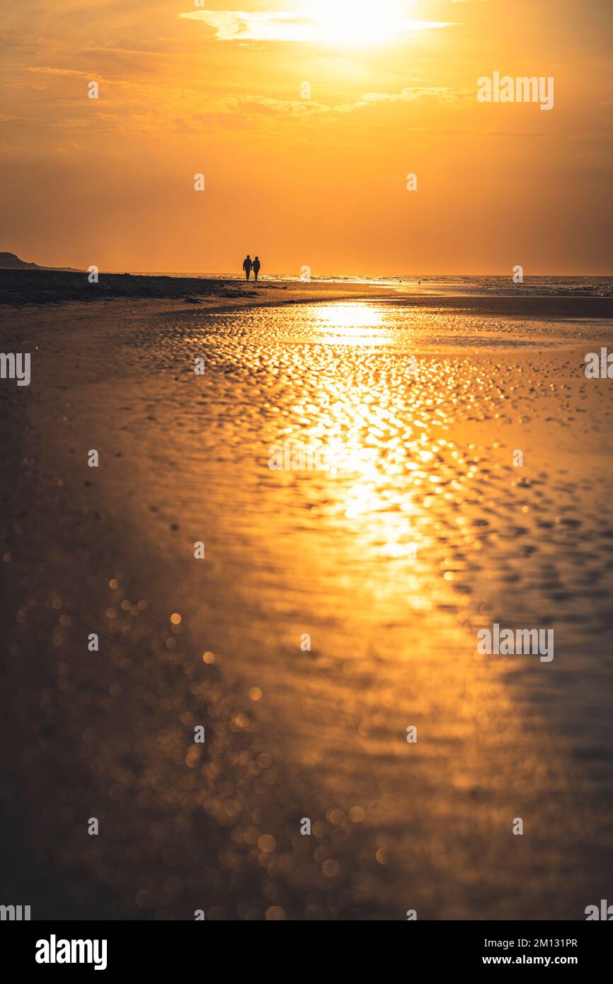 Atmosfera serale sulla spiaggia del Mare del Nord con la bassa marea, in lontananza due persone come silhouettes, sfocato in primo piano Foto Stock