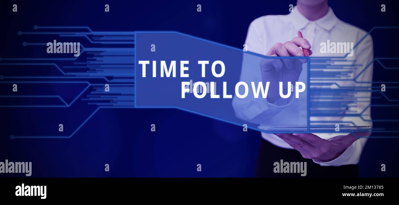 Didascalia di testo che presenta il tempo di follow-up. Business Concept richiesta dell'attività precedente o continuazione delle informazioni Foto Stock