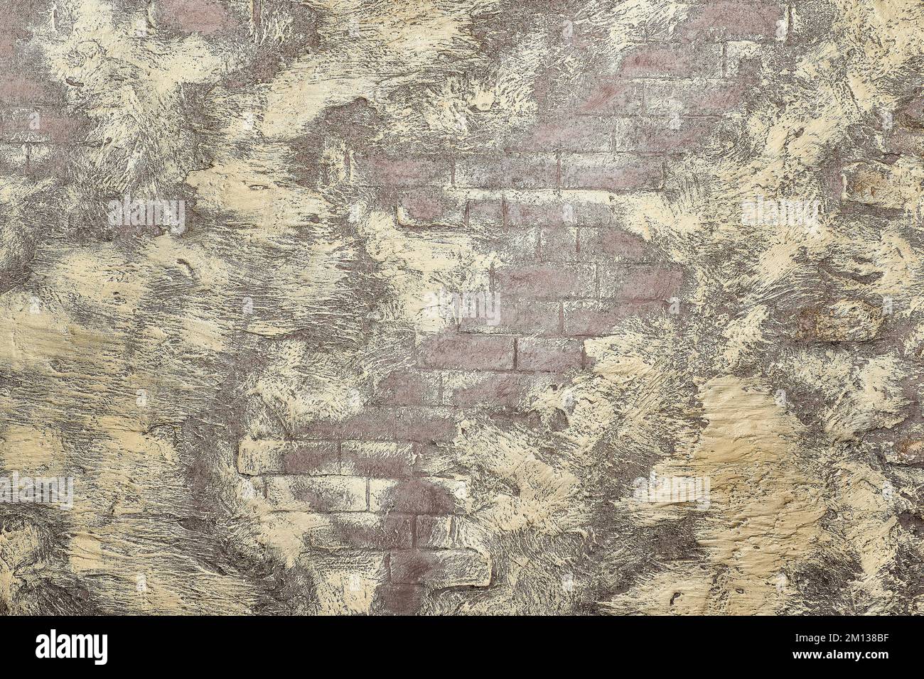 Parete in mattoni di rame beige con macchie di onde gialle per testo e decor Foto Stock