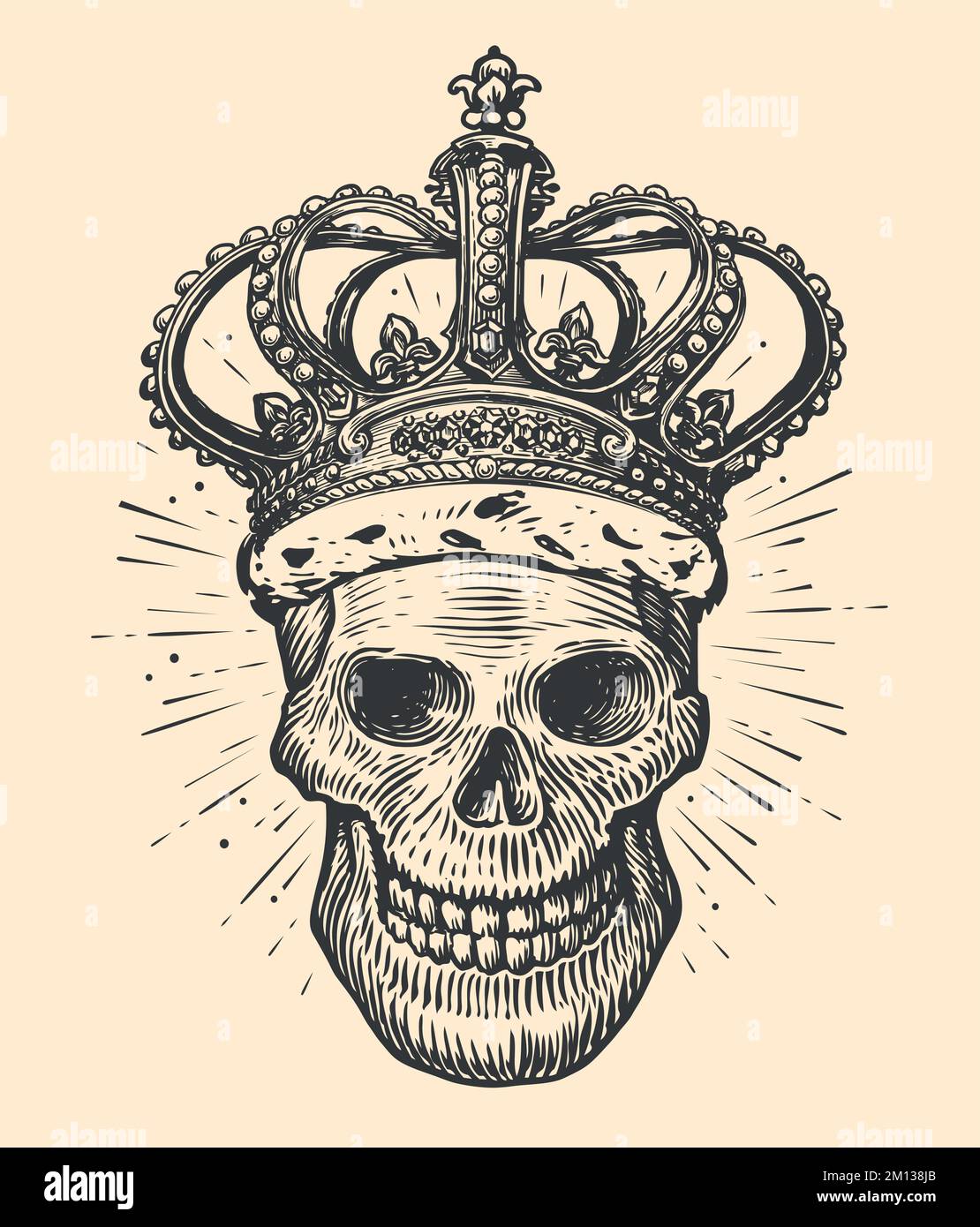 Cranio umano con corona del re. Disegno disegnato a mano in stile vintage. Illustrazione vettoriale del tatuaggio Illustrazione Vettoriale