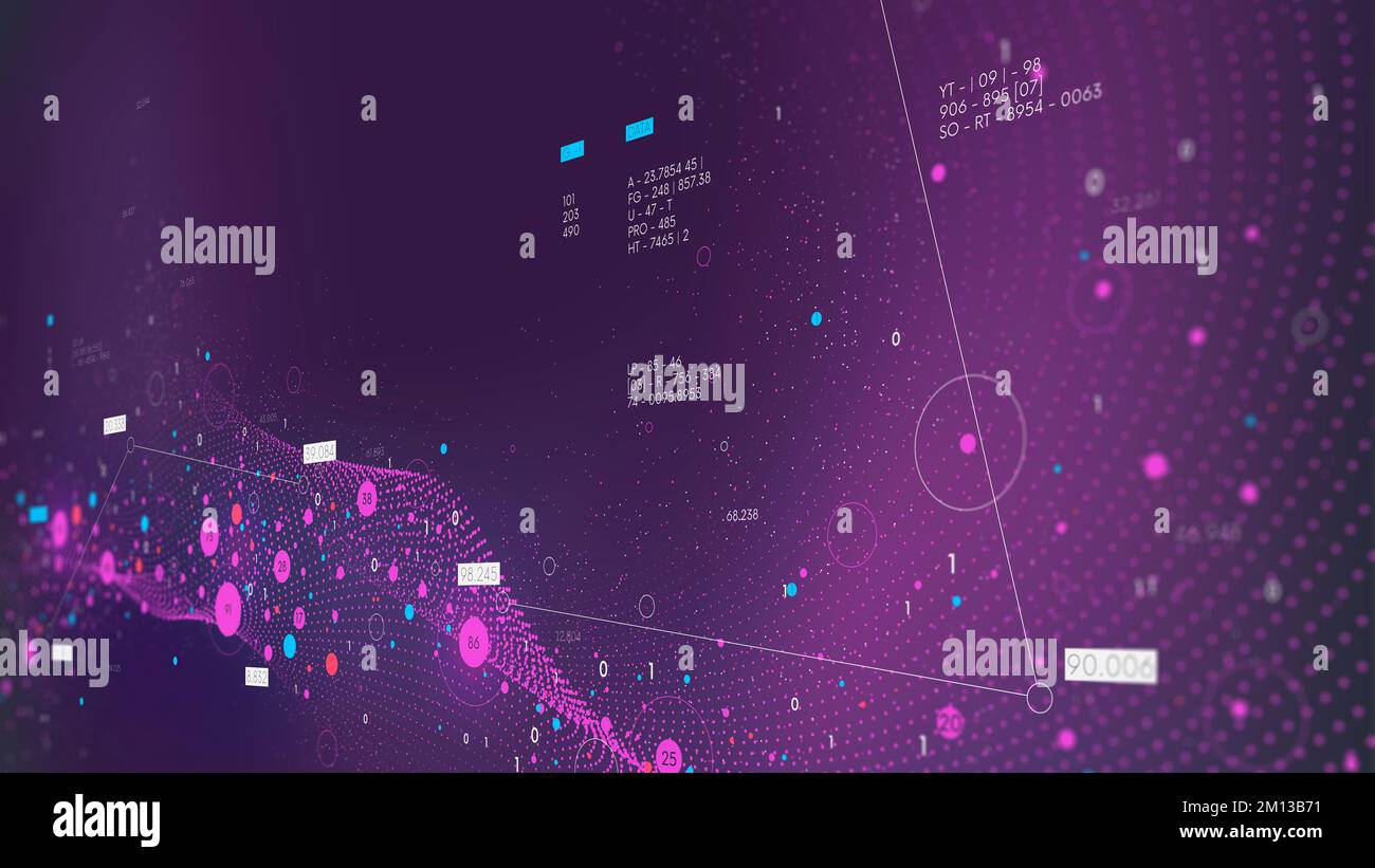 Visualizzazione della griglia del database, onda del flusso dei big data, analisi ed elaborazione delle informazioni mediante intelligenza artificiale, strutturazione dei dati mediante rete neurale f Foto Stock