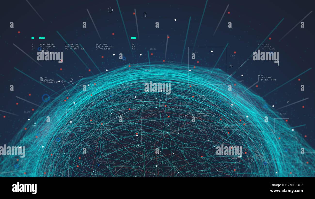 Tecnologie analitiche futuristiche, rilevamento ed elaborazione del plesso di connessione alla rete di big data, analisi di database digitali, monitor screen in per Foto Stock