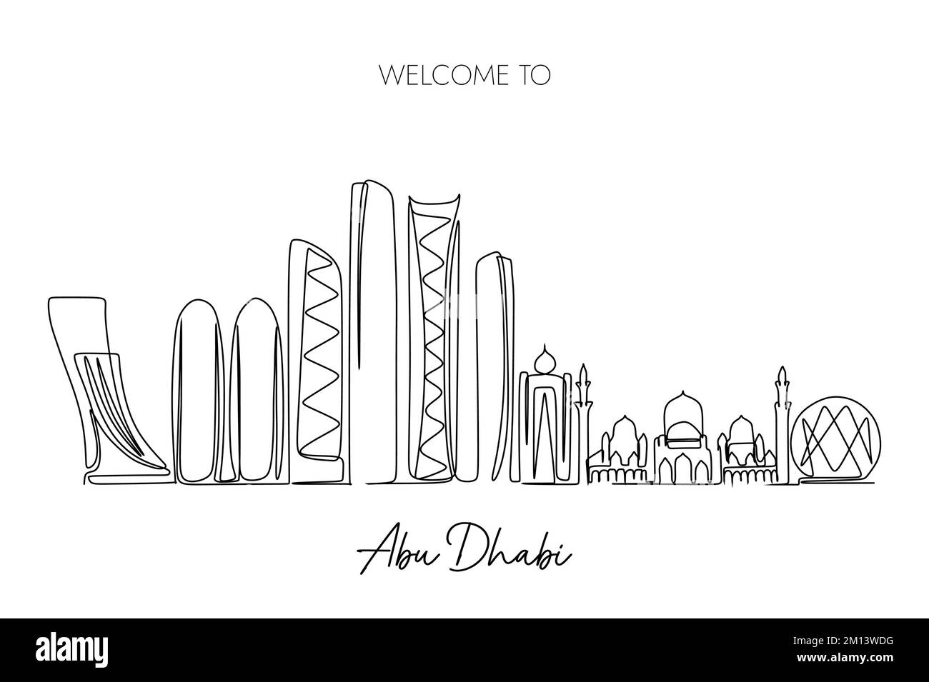 Un disegno a linea continua dello skyline della città di Abu Dhabi. Destinazione turistica famosa in tutto il mondo. Design semplice e disegnato a mano per viaggi e turismo Illustrazione Vettoriale