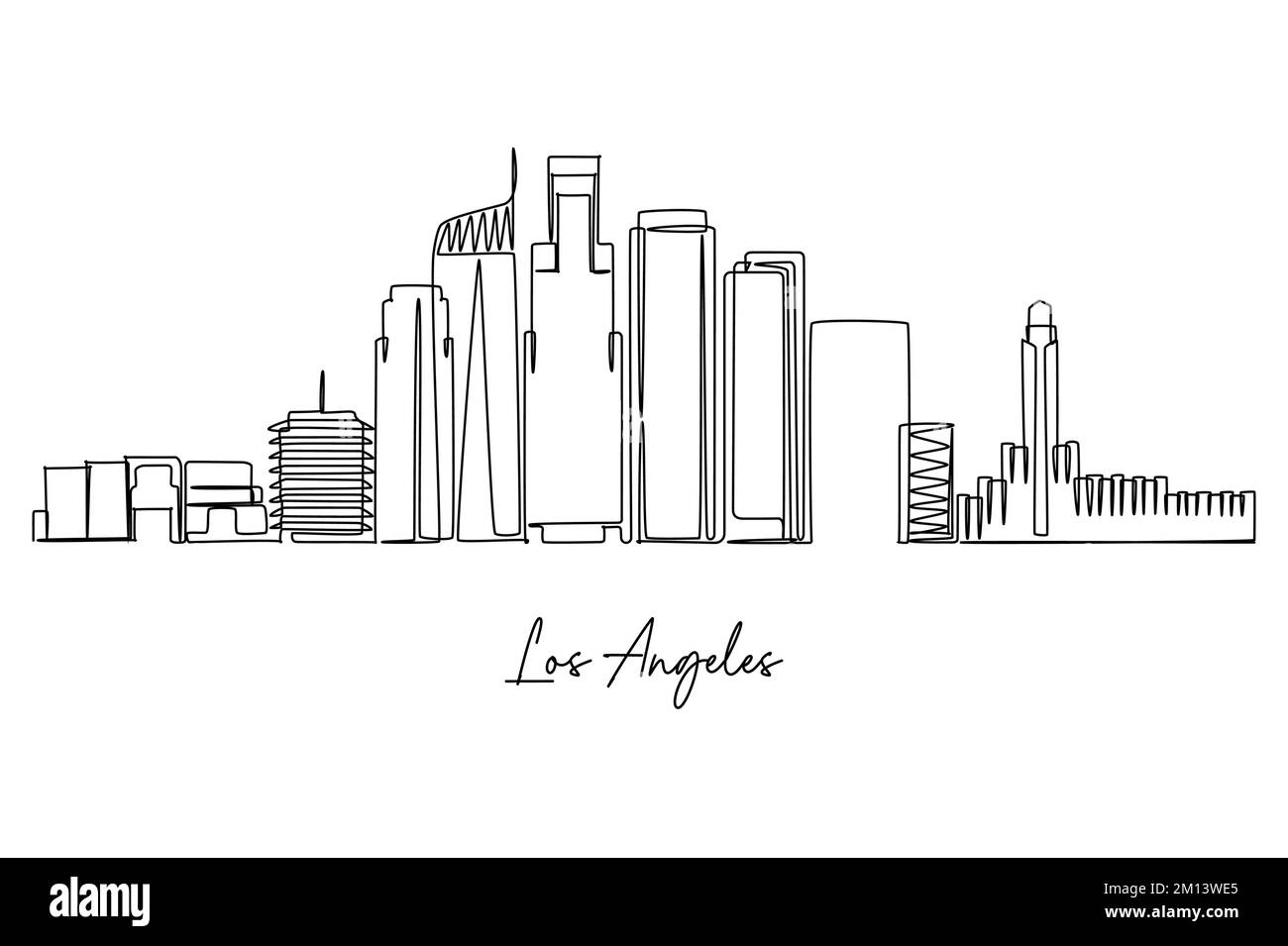 Un disegno a linea continua dello skyline della città di Los Angeles. Destinazione turistica famosa in tutto il mondo. Semplice disegno di stile disegnato a mano per viaggi e turismo promo Illustrazione Vettoriale