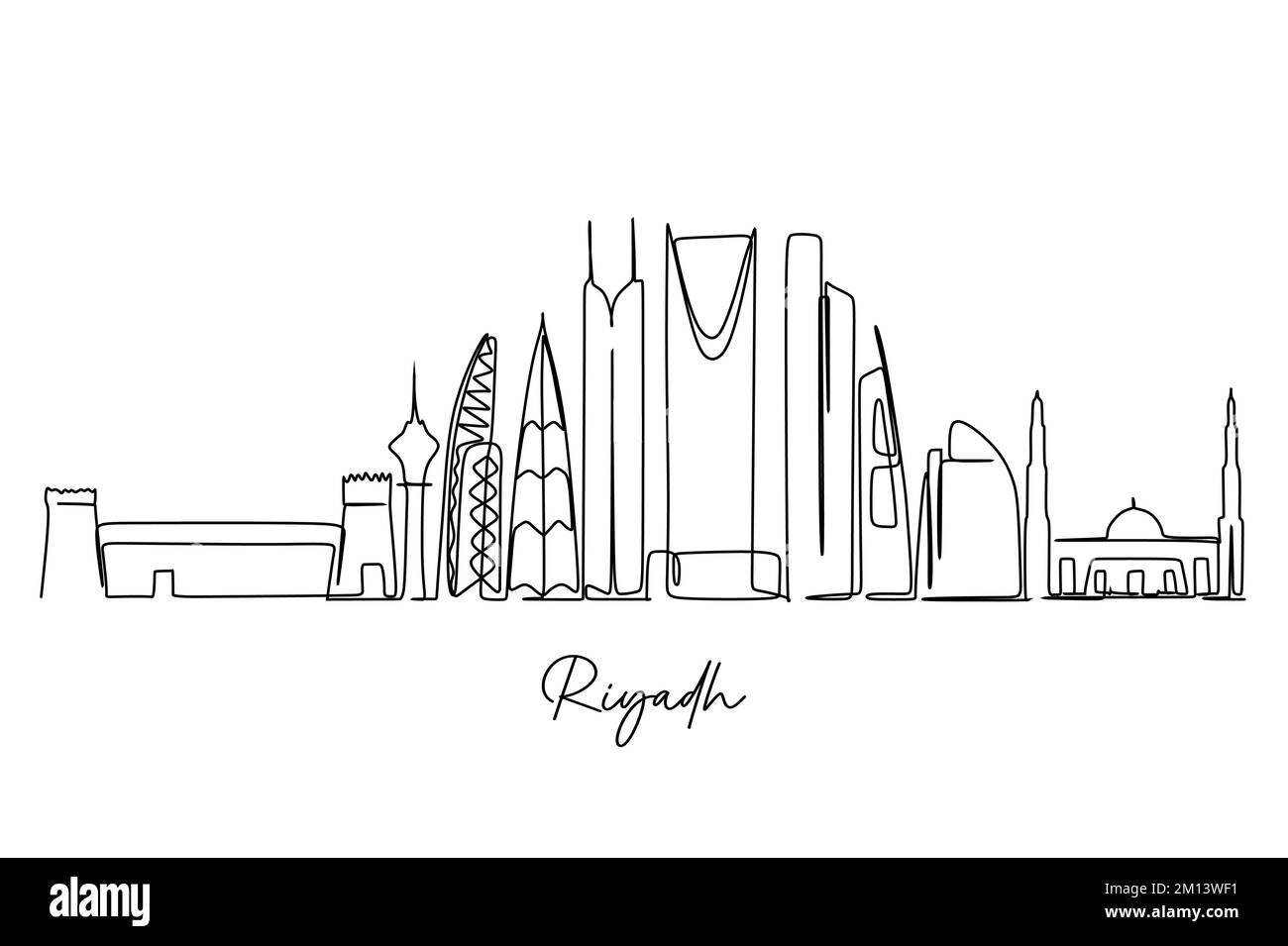 Un disegno a linea continua dello skyline della città di Riyadh. Destinazione turistica famosa in tutto il mondo. Semplice disegno di stile disegnato a mano per viaggi e turismo promozione Illustrazione Vettoriale