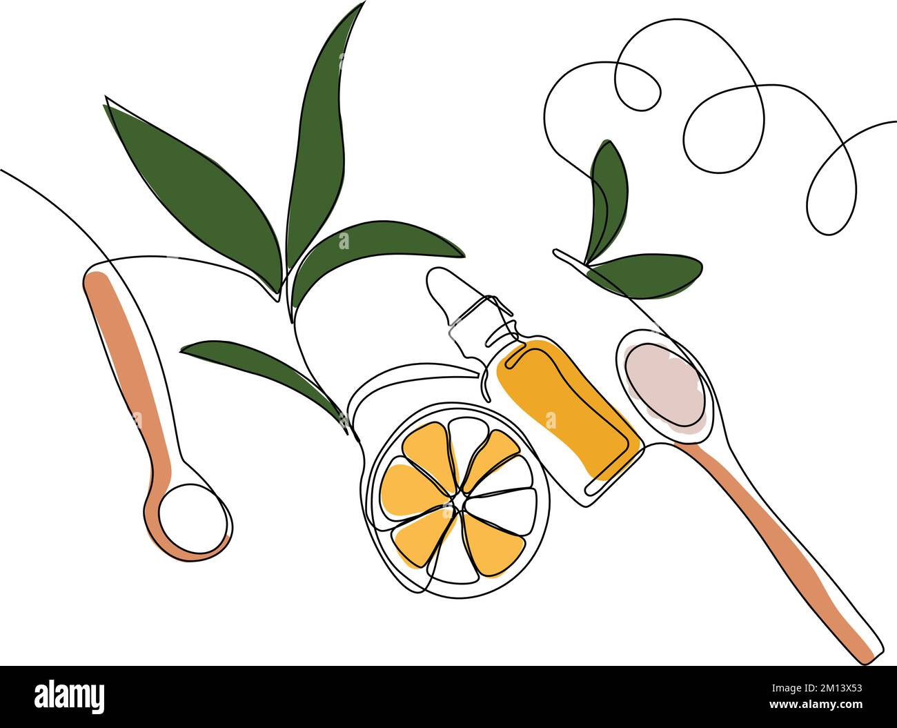 Disegno continuo di una linea di bottiglie con olio o miele o succo di limone o lime per lo scrubbing e la cura della pelle del corpo con prodotti naturali per la cura della pelle alle erbe, vista dall'alto degli ingredienti. Illustrazione vettoriale Illustrazione Vettoriale