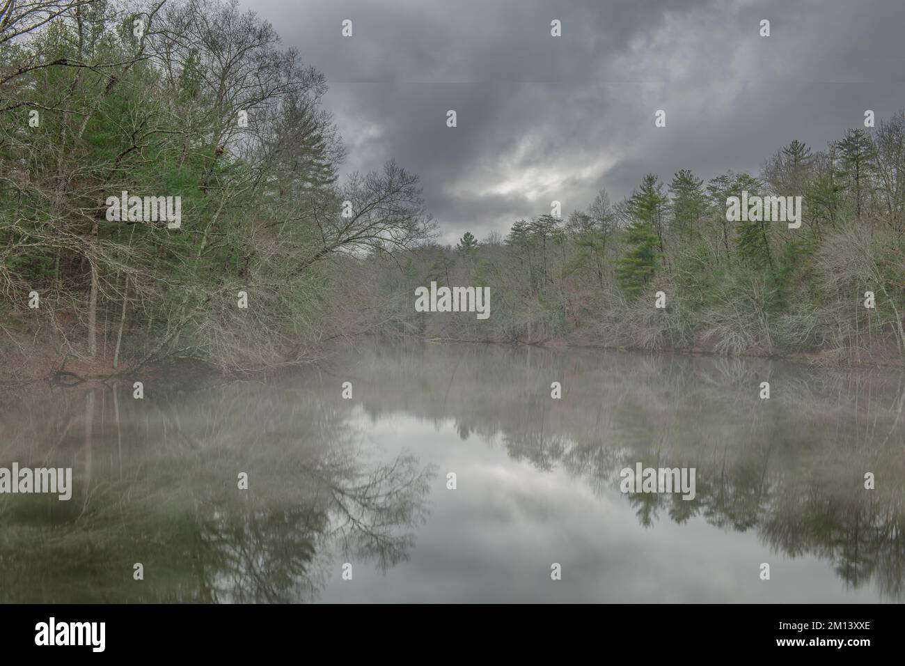 L'acqua vetrosa del lago Byrd Creek nel Cumberland state Park Tennessee durante una giornata fredda e piovosa, offre un ambiente splendido per le scene della natura. Foto Stock