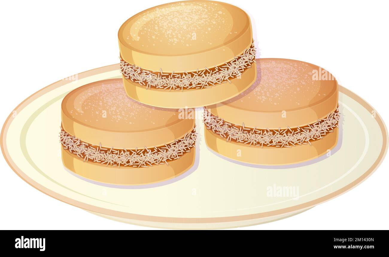 Spagnolo Alfajor. Latino americano illustrazione del cibo isolato su bianco in stile cartone animato Illustrazione Vettoriale