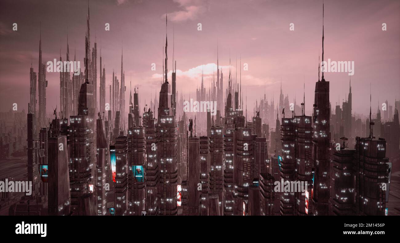 Concetto futuristico di città cyberpunk e metaverse, rendering 3D Foto Stock