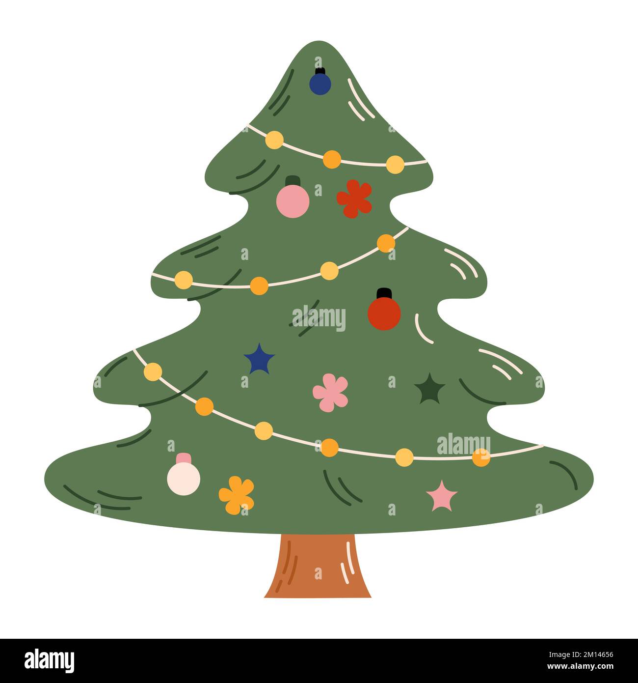 Albero di Natale con decorazioni. Concetto di celebrazione di Natale e Capodanno. Ideale per biglietti d'auguri, inviti, banner, web design. Illustrazione Vettoriale