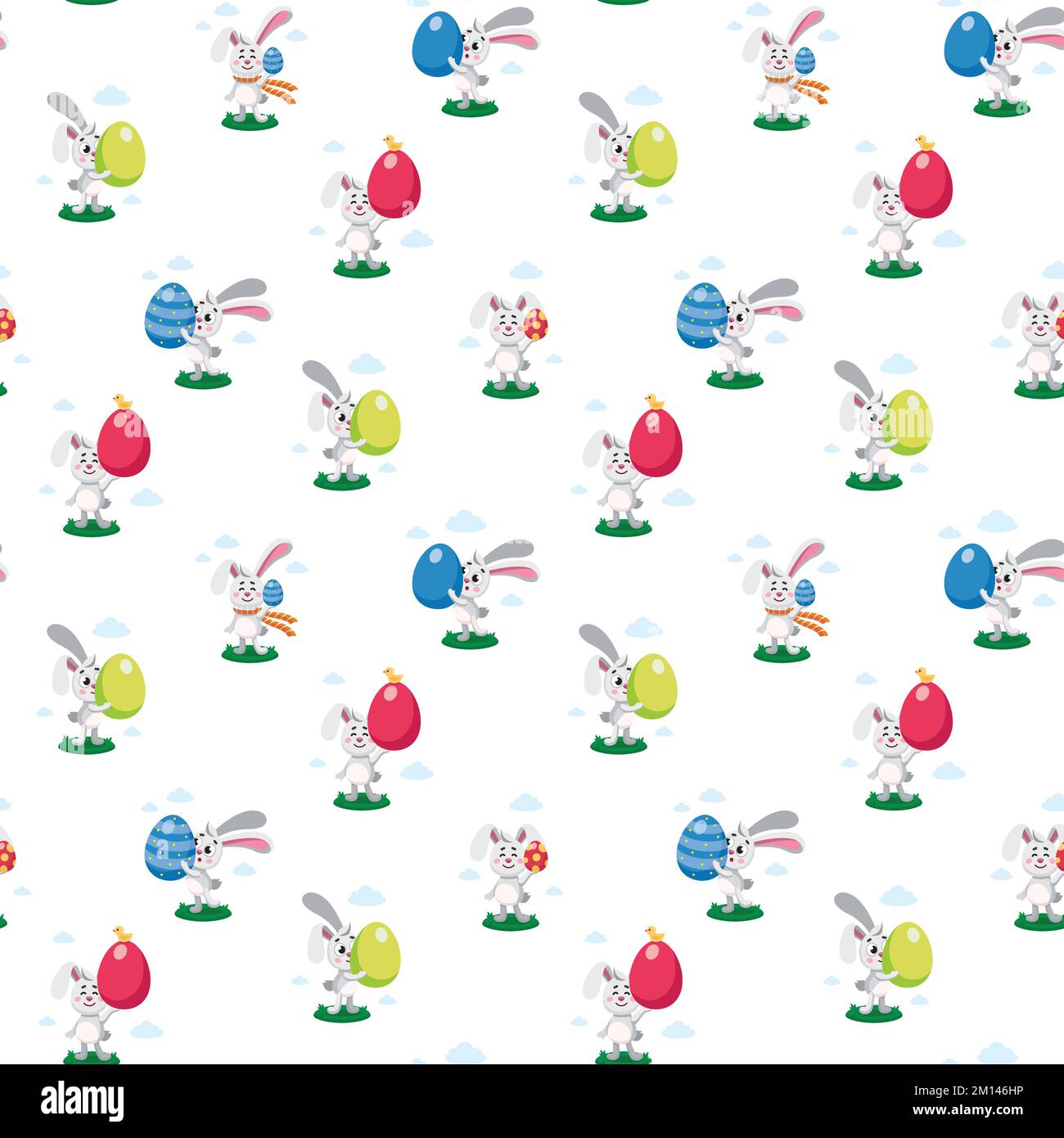 Coniglietti pasquali modello senza cuciture. Buona pasqua, uovo caccia bambino piatto di illustrazione vettore. Pannie pasquali, lepri, conigli con uova dipinte. Fla colorata Illustrazione Vettoriale