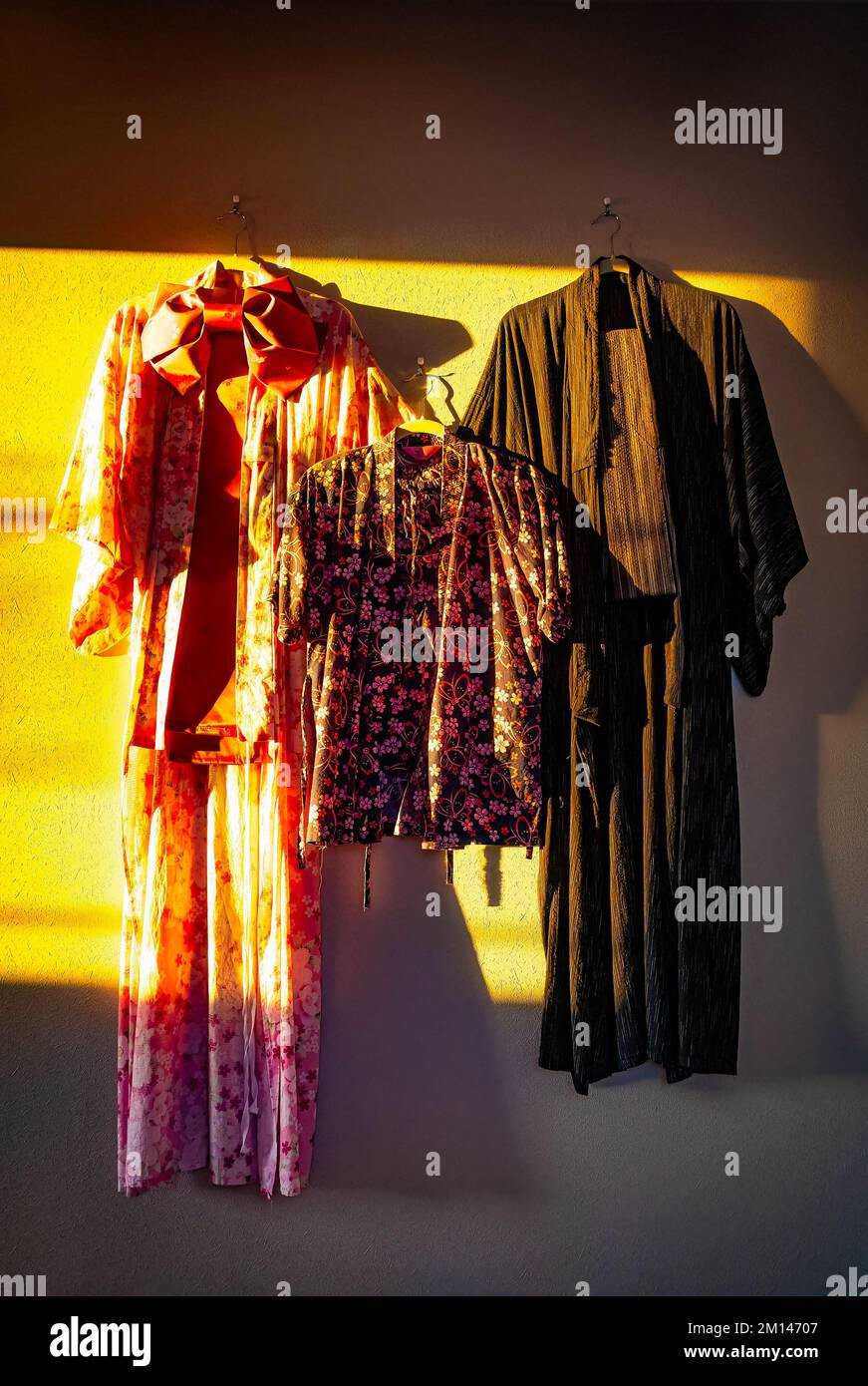 Kimono tradizionale giapponese di abbigliamento familiare alle pareti all'alba Foto Stock