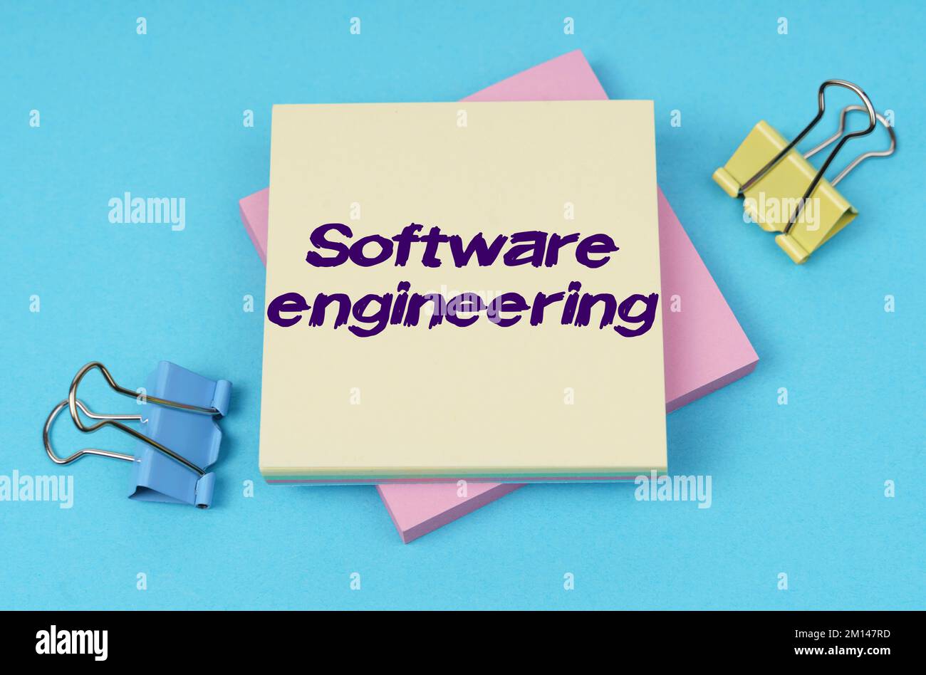 Concetto di business e finanza. Sulla tabella sono riportate le graffette, nota con il testo - Software Engineering Foto Stock