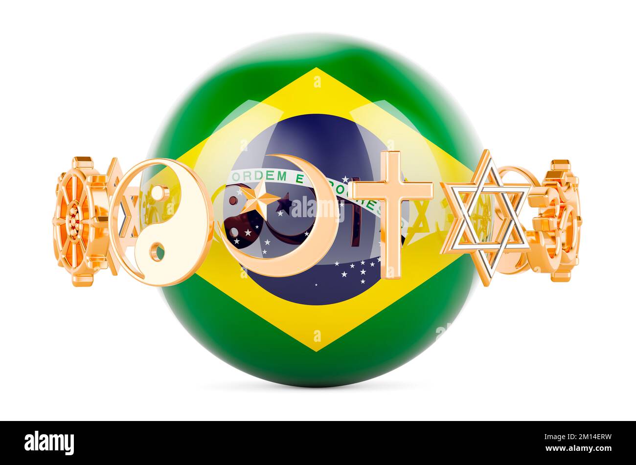 Bandiera brasiliana dipinta su sfera con simboli di religioni intorno, 3D rendering isolato su sfondo bianco Foto Stock