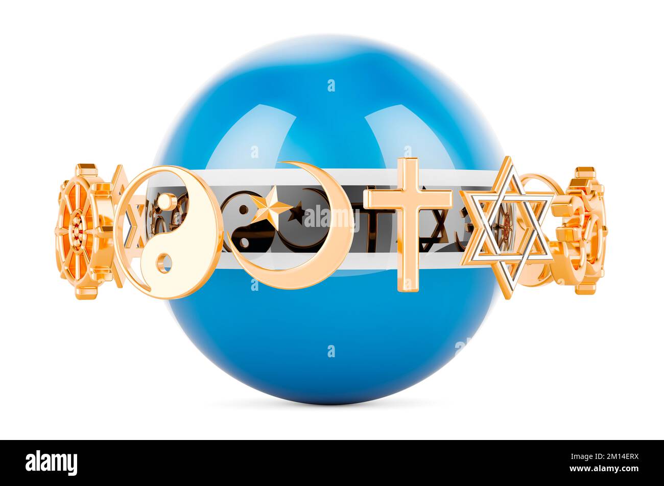 Bandiera del Botswana dipinta sulla sfera con simboli religiosi intorno, 3D che rende isolato su sfondo bianco Foto Stock