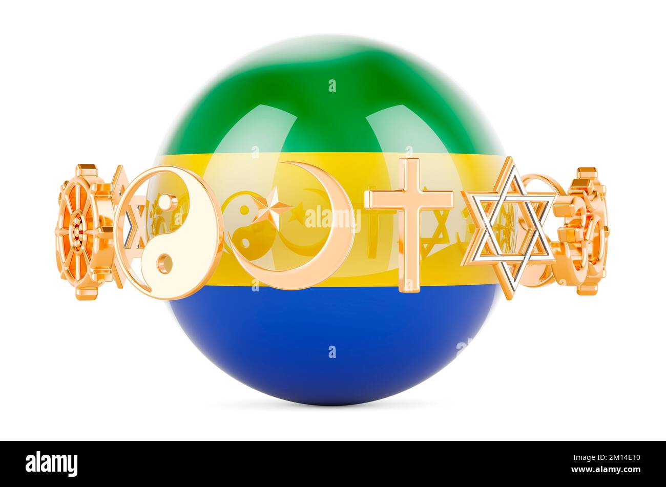 Bandiera gabonese dipinta sulla sfera con simboli religiosi intorno, 3D che rende isolato su sfondo bianco Foto Stock