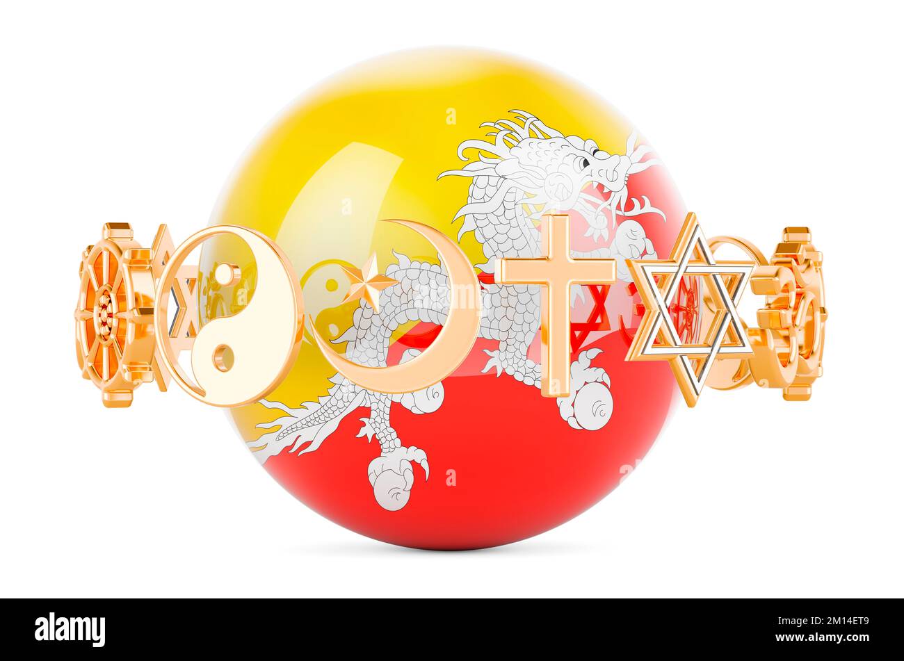 Bandiera bhutanese dipinta sulla sfera con simboli religiosi intorno, 3D rendering isolato su sfondo bianco Foto Stock