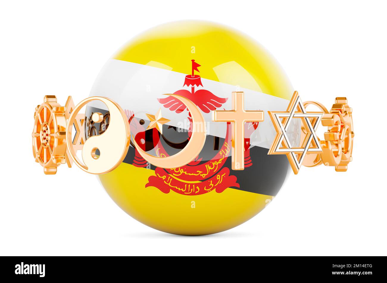 Bandiera del Bruneian dipinta sulla sfera con i simboli delle religioni intorno, 3D che rende isolato su sfondo bianco Foto Stock