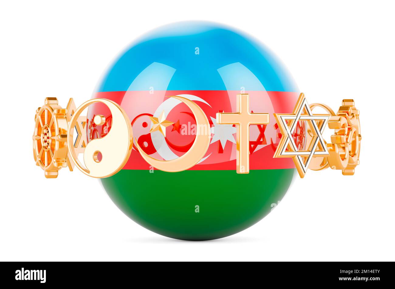 Bandiera azerbaigiana dipinta sulla sfera con i simboli di religioni intorno, 3D che rende isolato su sfondo bianco Foto Stock