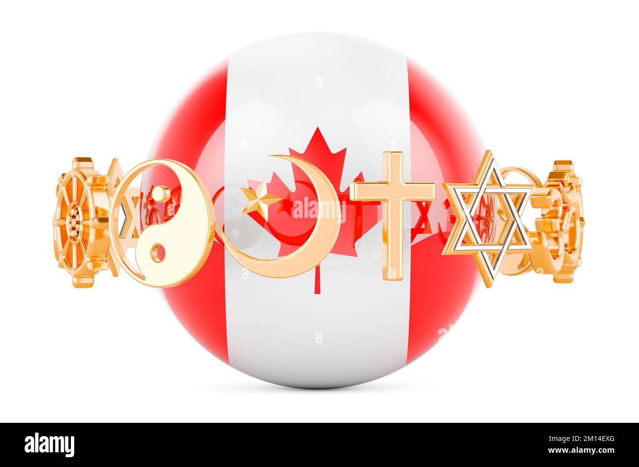Bandiera canadese dipinta su sfera con simboli di religioni intorno, 3D rendering isolato su sfondo bianco Foto Stock