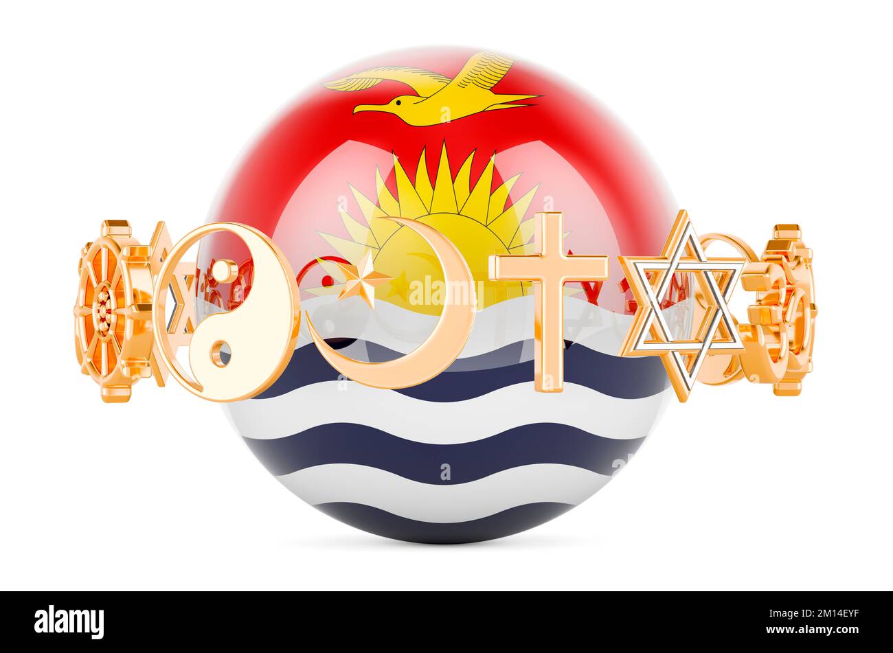 Bandiera Kiribaziana dipinta sulla sfera con simboli religiosi intorno, 3D rendering isolato su sfondo bianco Foto Stock