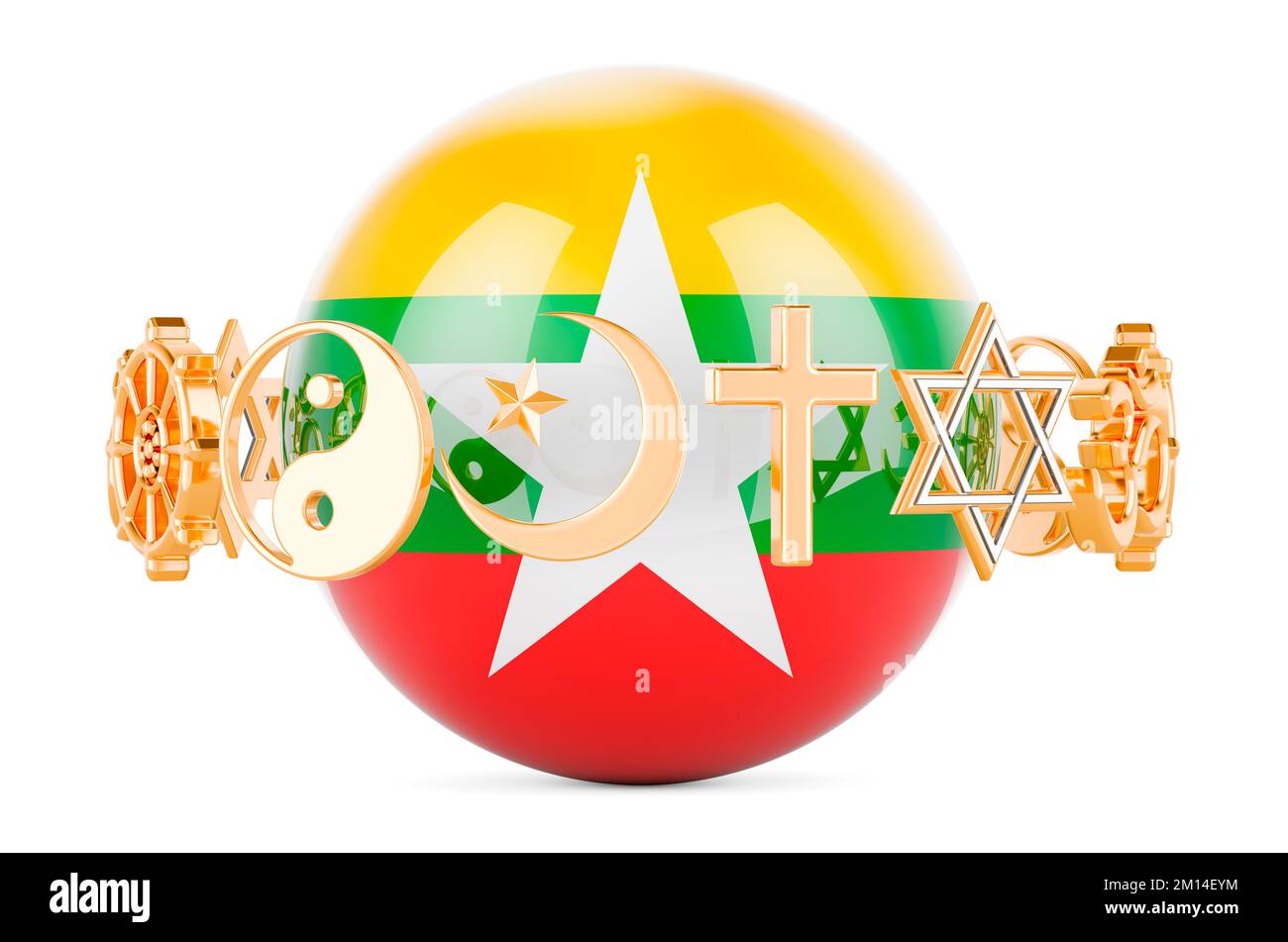 Bandiera di Myanmar dipinta sulla sfera con simboli di religioni intorno, 3D rendering isolato su sfondo bianco Foto Stock