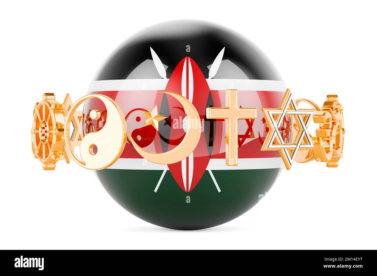 Bandiera keniota dipinta sulla sfera con i simboli delle religioni intorno, 3D che rende isolato su sfondo bianco Foto Stock