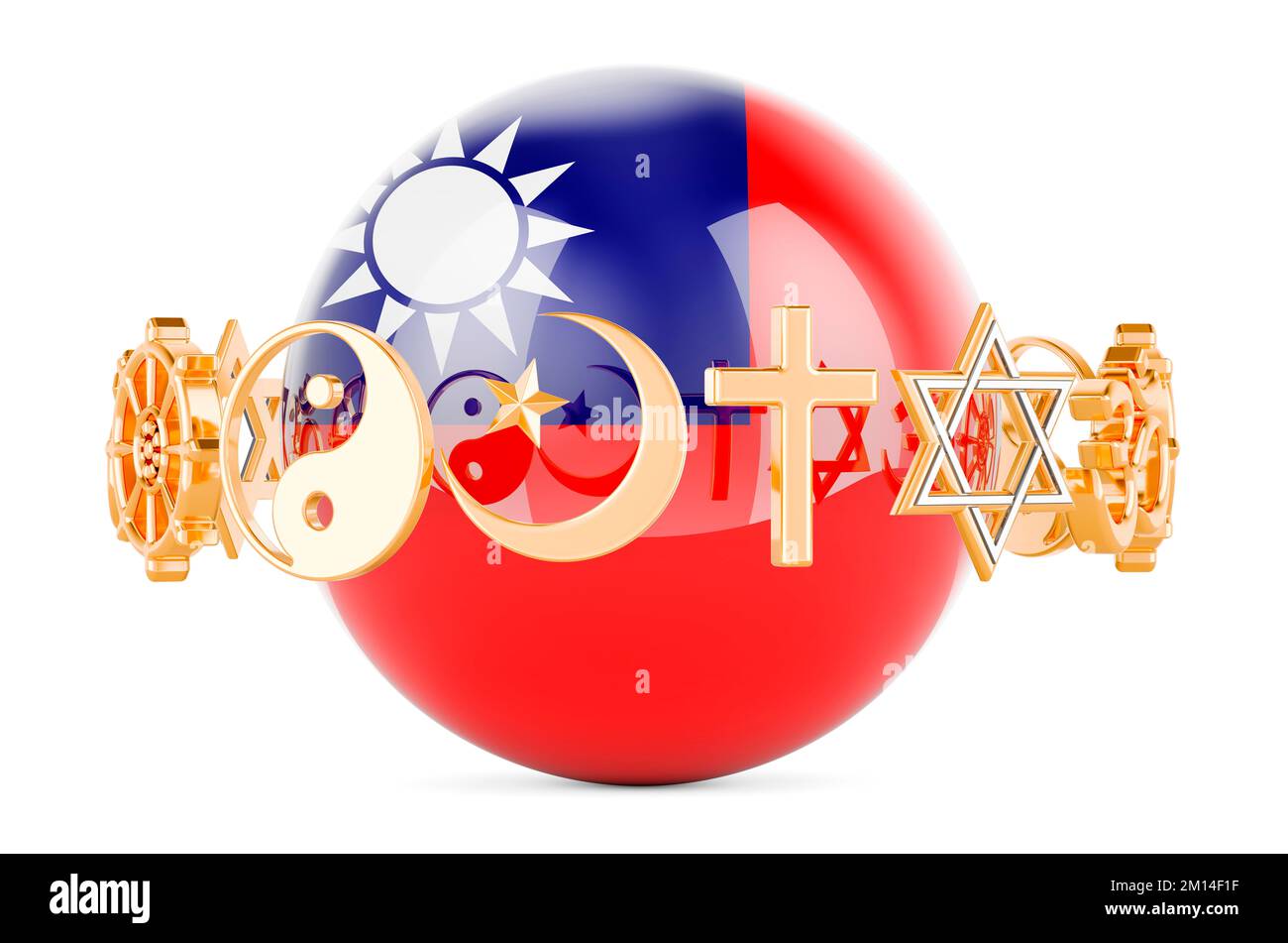 Bandiera taiwanese dipinta sulla sfera con simboli religiosi intorno, 3D che rende isolato su sfondo bianco Foto Stock